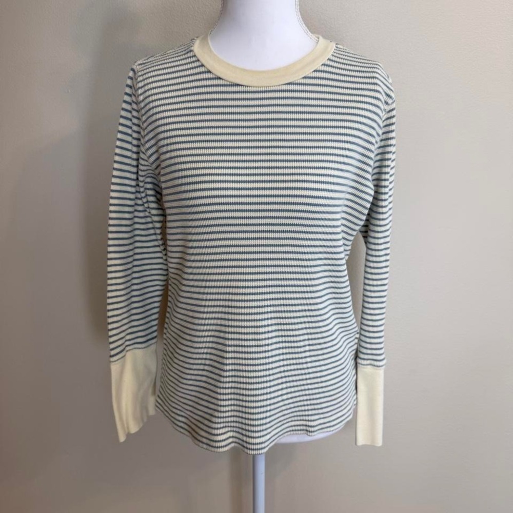 Sundance Striped Waffle Knit Thermal Top Sz MP Button Cuff Preppy Nautical